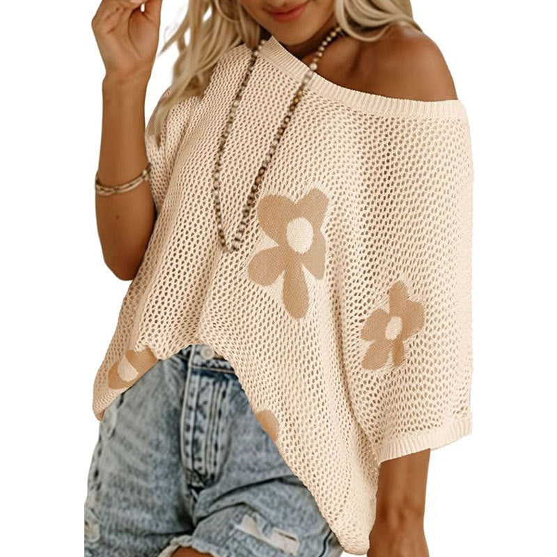 Flower Open Knit Short Sleeve Top - Apricot - 1