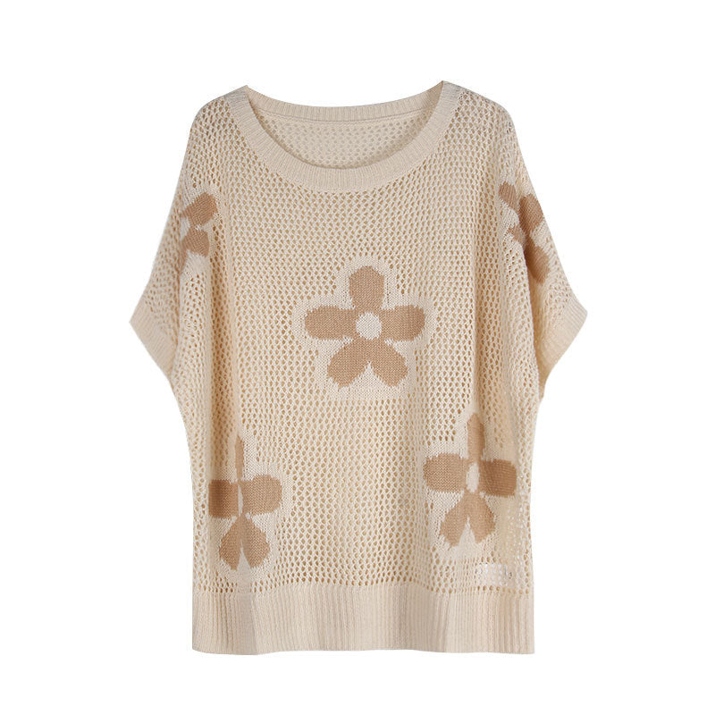 Flower Open Knit Short Sleeve Top - Apricot - 2