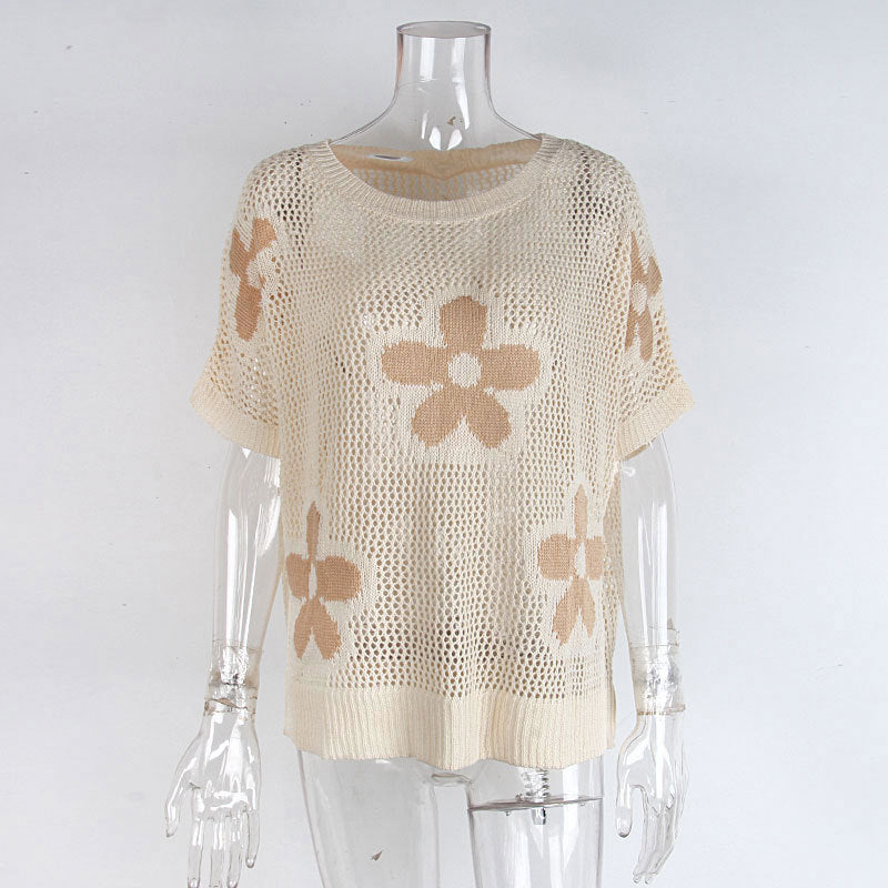 Flower Open Knit Short Sleeve Top - Apricot - 3