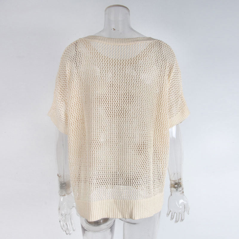 Flower Open Knit Short Sleeve Top - Apricot - 4