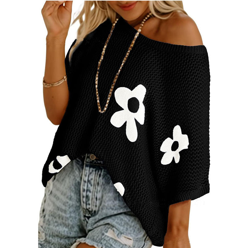 Flower Open Knit Short Sleeve Top - Black