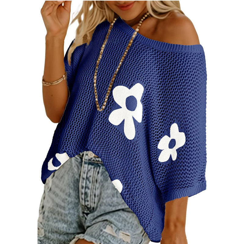 Flower Open Knit Short Sleeve Top - Blue