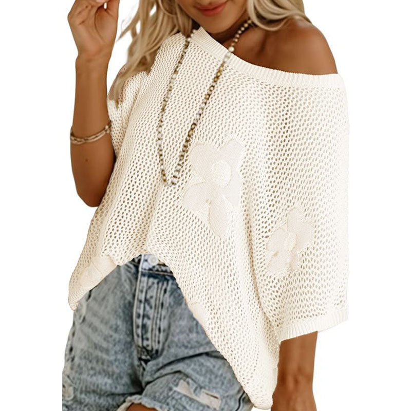 Flower Open Knit Short Sleeve Top - White