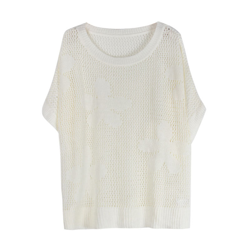Flower Open Knit Short Sleeve Top - White - 1