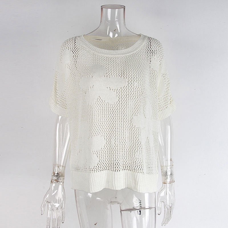 Flower Open Knit Short Sleeve Top - White - 2