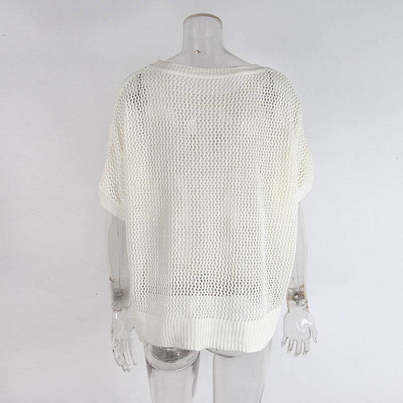 Flower Open Knit Short Sleeve Top - White - 3
