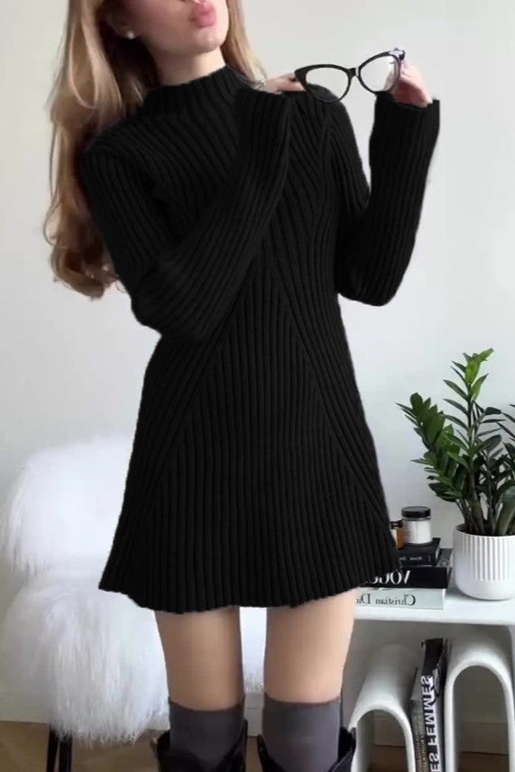 Ribbed Knit Mock Neck Mini Dress - black