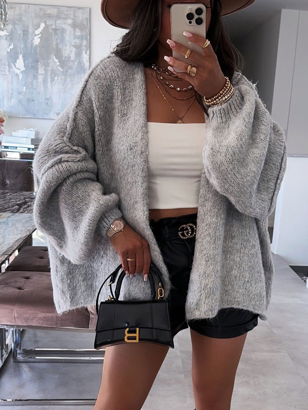 Slouchy Oversized Open Front Chunky Cardigan - Gray