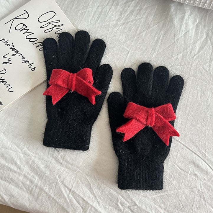 Fuzzy Knit Gloves With Contrast Bow - Black
