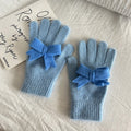Fuzzy Knit Gloves With Contrast Bow - Blue