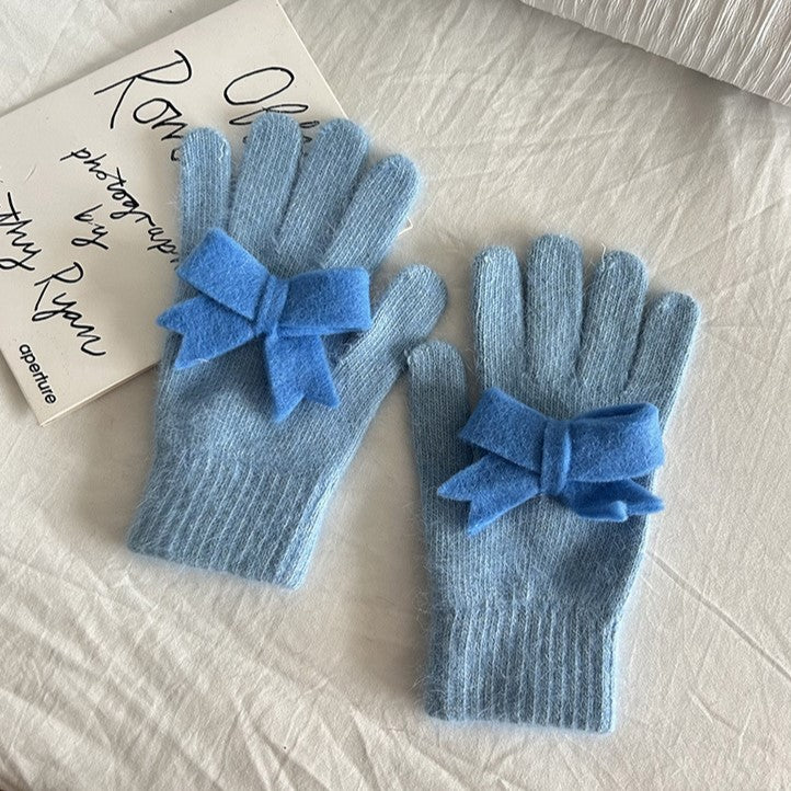 Fuzzy Knit Gloves With Contrast Bow - Blue