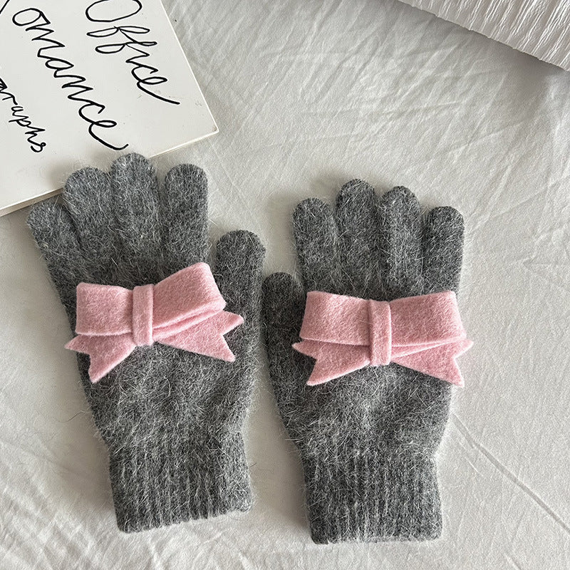 Fuzzy Knit Gloves With Contrast Bow - DarkGrey