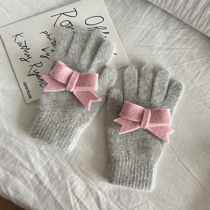 Fuzzy Knit Gloves With Contrast Bow - Grey - 1