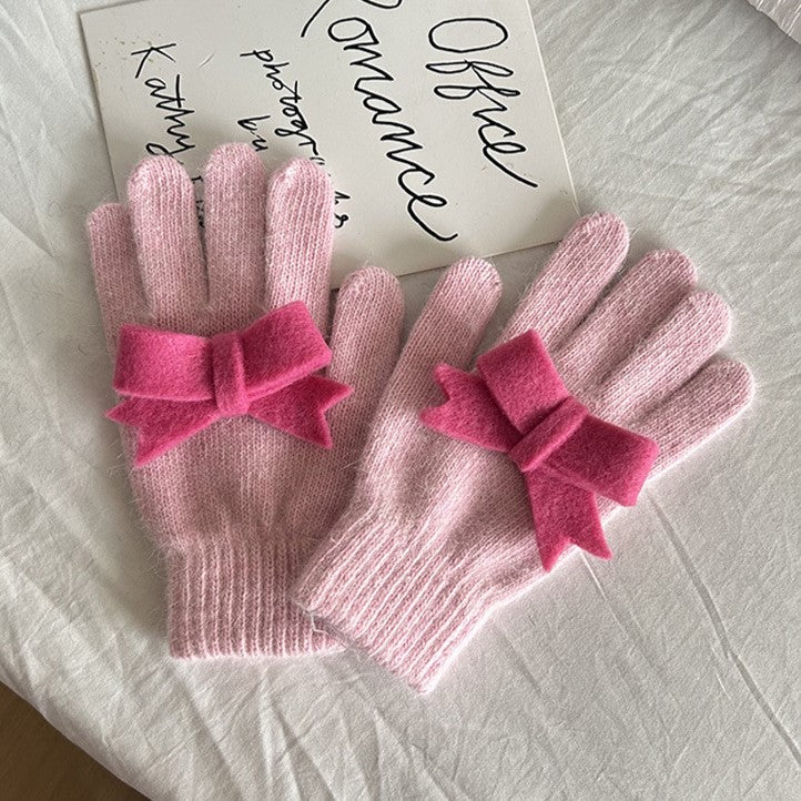 Fuzzy Knit Gloves With Contrast Bow - Pink