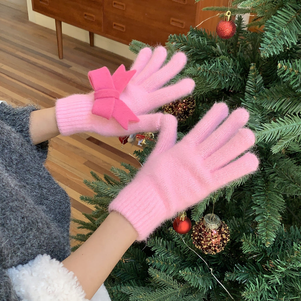 Fuzzy Knit Gloves With Contrast Bow - Pink - 1