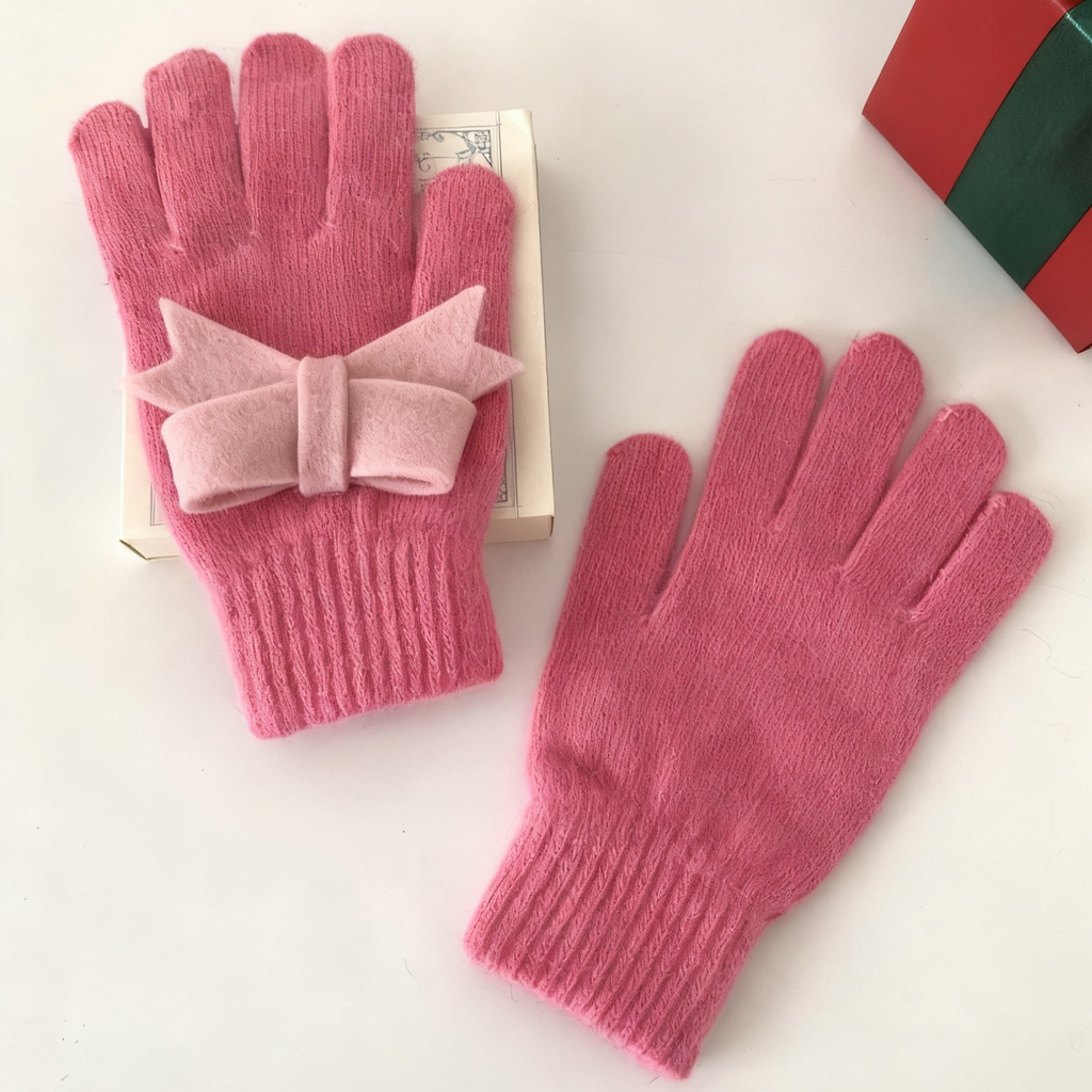 Fuzzy Knit Gloves With Contrast Bow - Rose