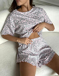 Leopard Spot Short Sleeve Loungewear Set - GreyPink