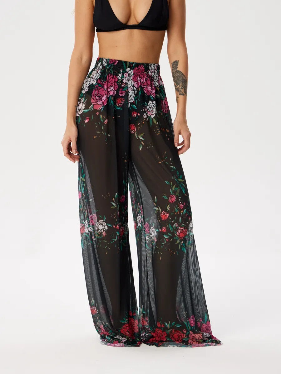 Sheer Mesh Print Wide Leg Beach Pants - Floral01