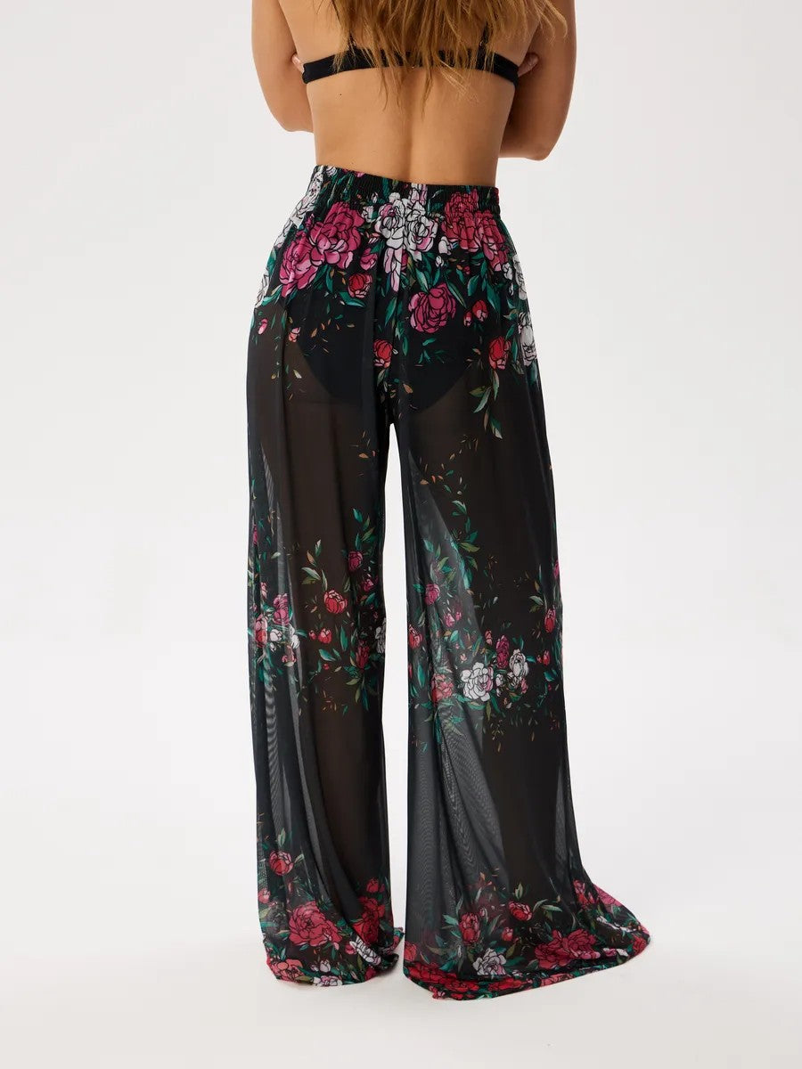 Sheer Mesh Print Wide Leg Beach Pants - Floral01 - 1