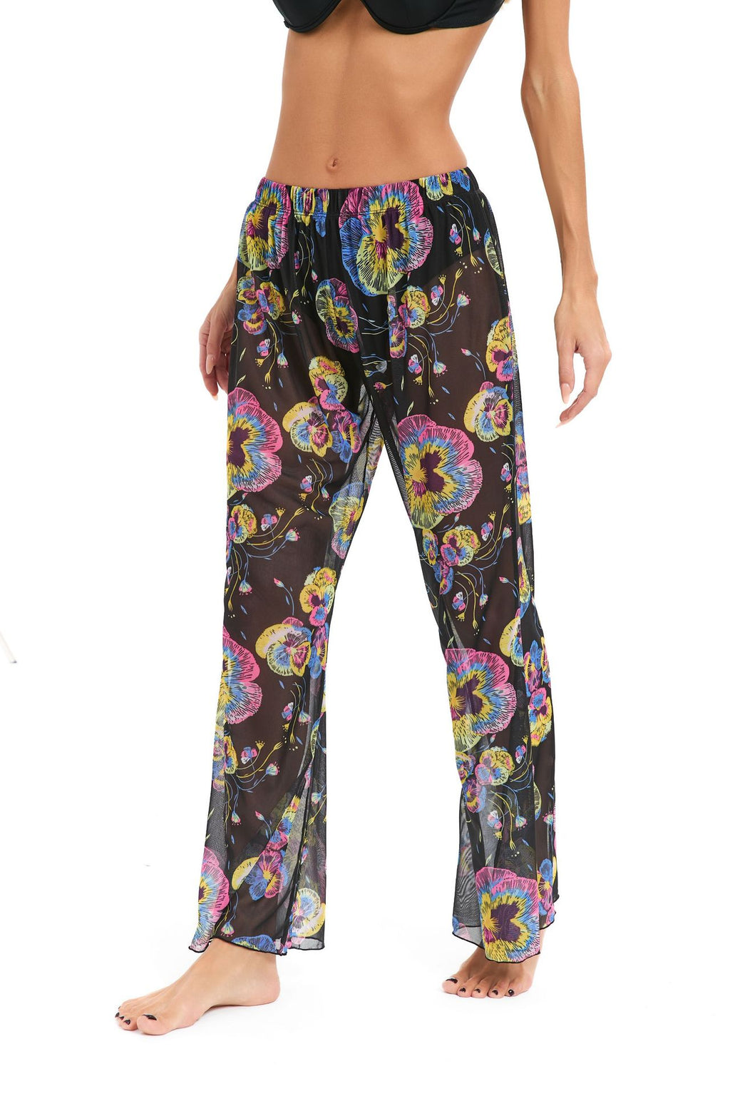 Sheer Mesh Print Wide Leg Beach Pants - Floral02