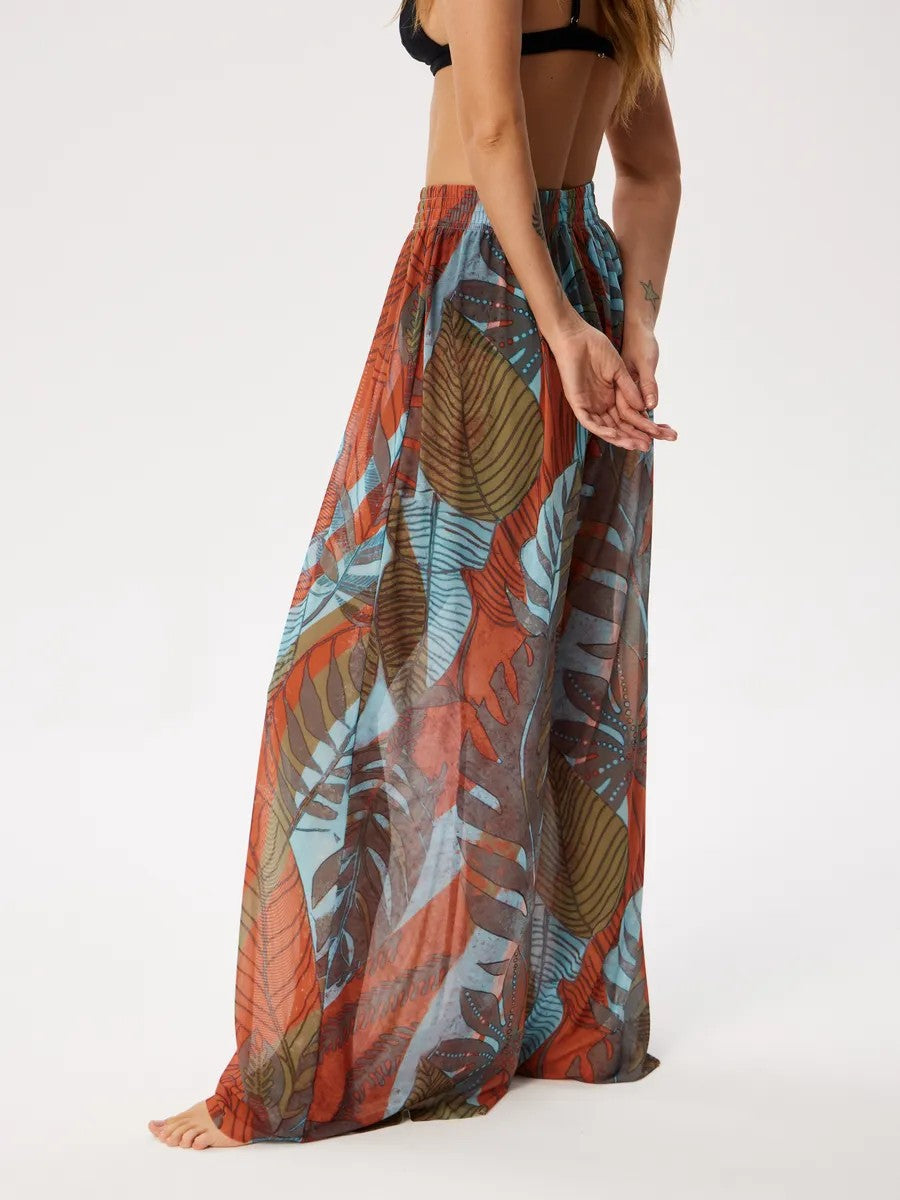 Sheer Mesh Print Wide Leg Beach Pants - Tropical01 - 1