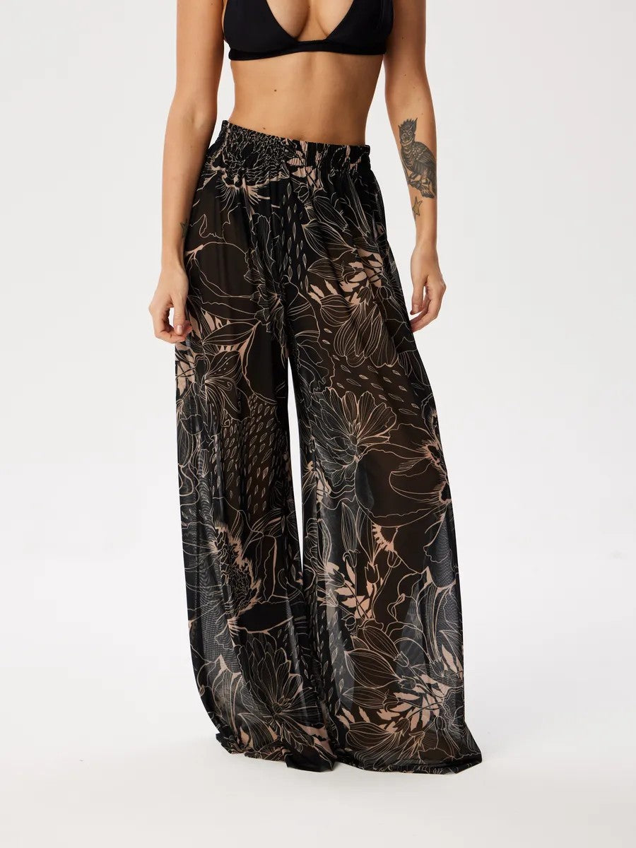 Sheer Mesh Print Wide Leg Beach Pants - Tropical02
