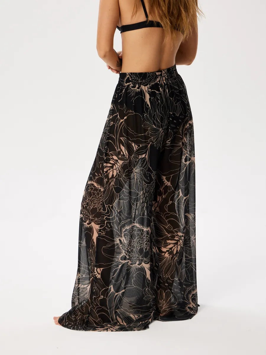 Sheer Mesh Print Wide Leg Beach Pants - Tropical02 - 1