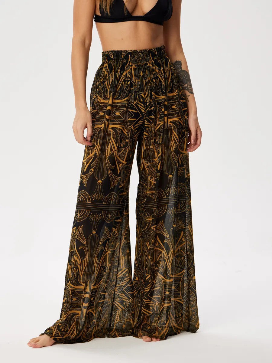 Sheer Mesh Print Wide Leg Beach Pants - abstract