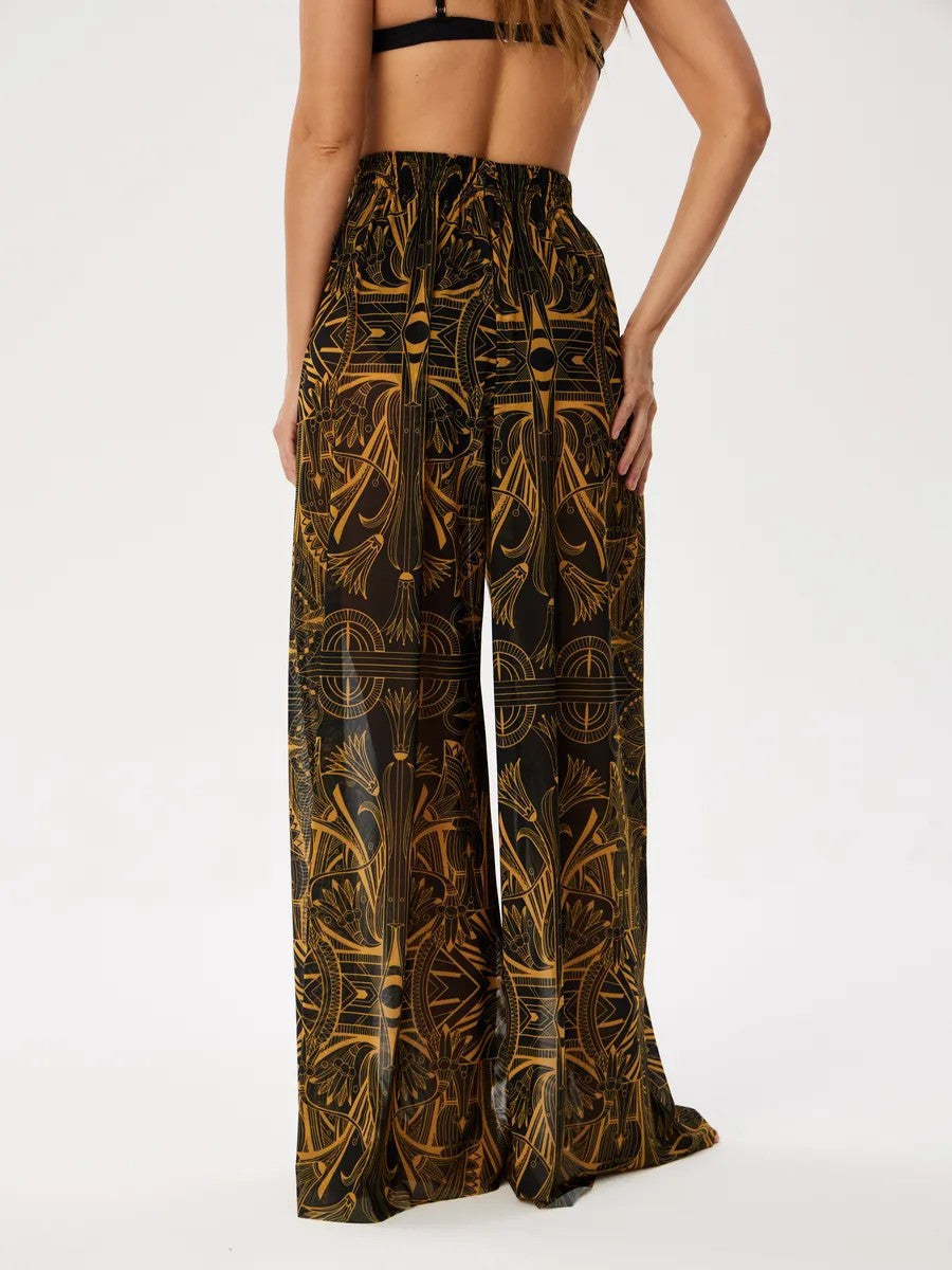 Sheer Mesh Print Wide Leg Beach Pants - abstract - 1