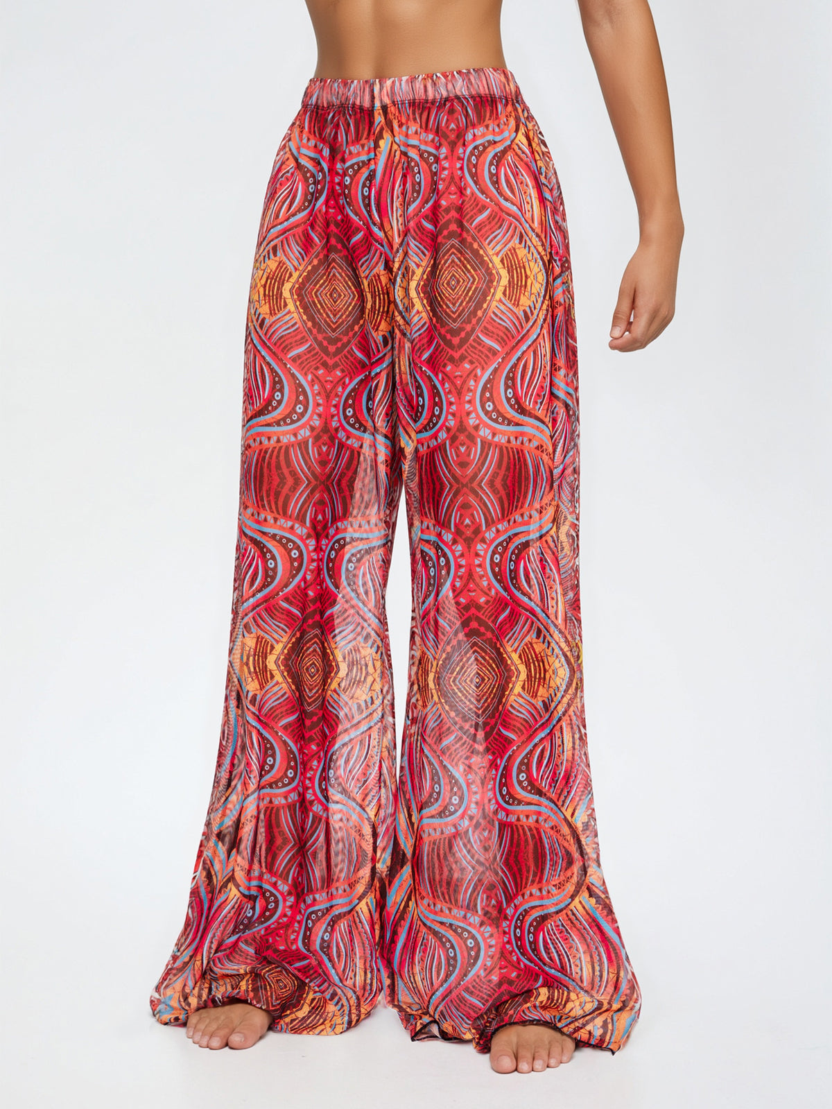 Sheer Mesh Print Wide Leg Beach Pants - red