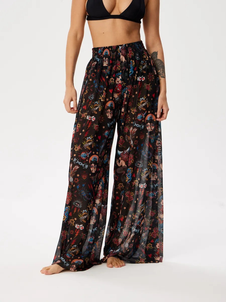 Sheer Mesh Print Wide Leg Beach Pants - wonderland