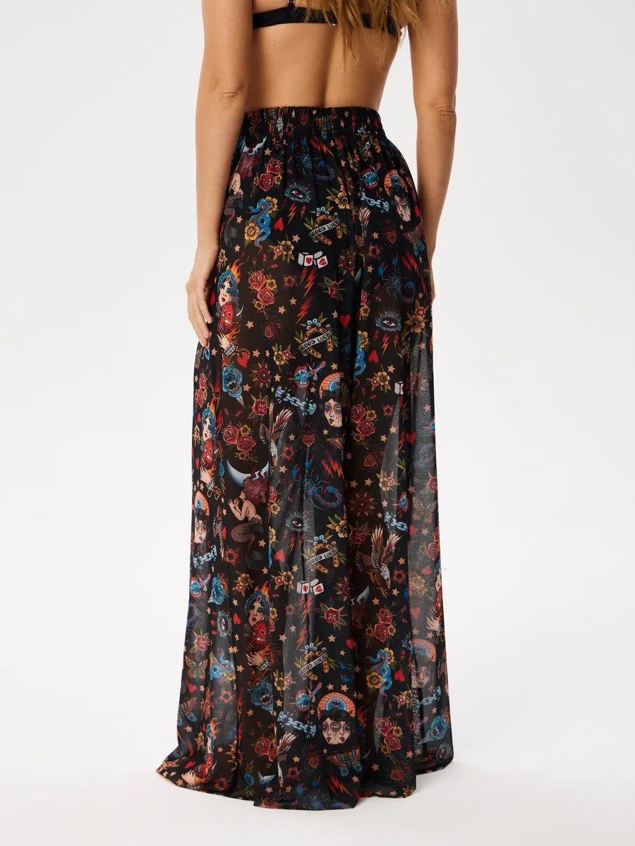 Sheer Mesh Print Wide Leg Beach Pants - wonderland - 1