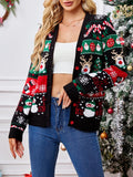 Reindeer Snowman Jacquard V Neck Cardigan - Black
