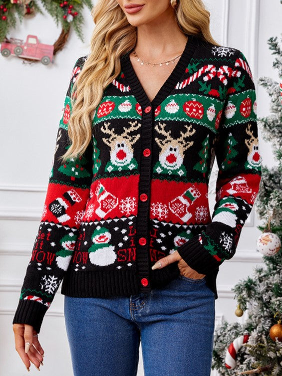 Reindeer Snowman Jacquard V Neck Cardigan - Black - 1