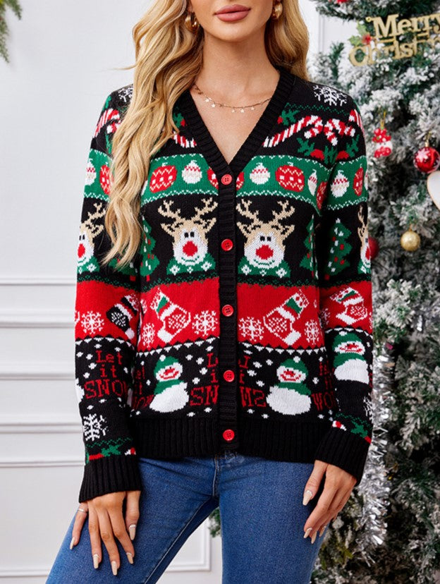 Reindeer Snowman Jacquard V Neck Cardigan - Black - 2