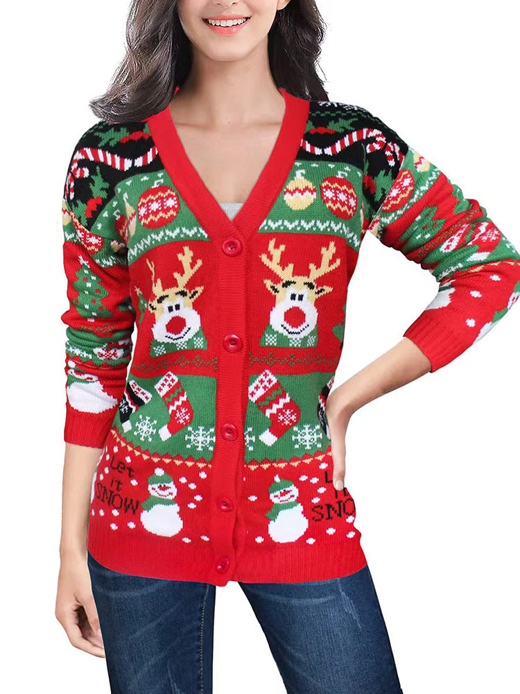 Reindeer Snowman Jacquard V Neck Cardigan - Red