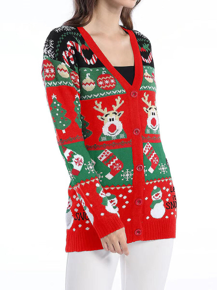 Reindeer Snowman Jacquard V Neck Cardigan - Red - 1