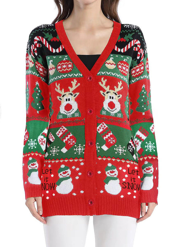 Reindeer Snowman Jacquard V Neck Cardigan - Red - 2