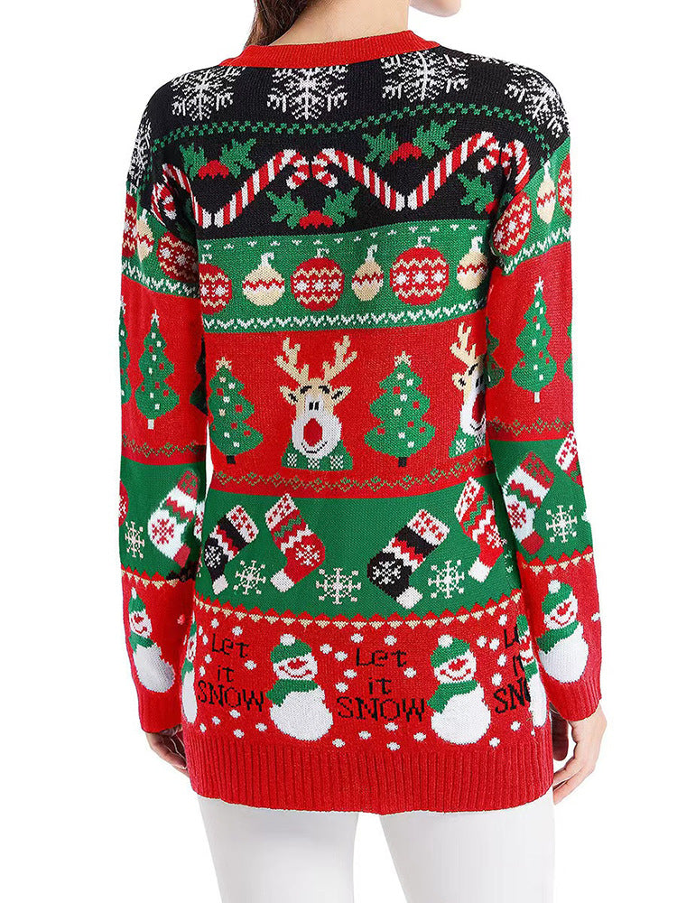 Reindeer Snowman Jacquard V Neck Cardigan - Red - 3