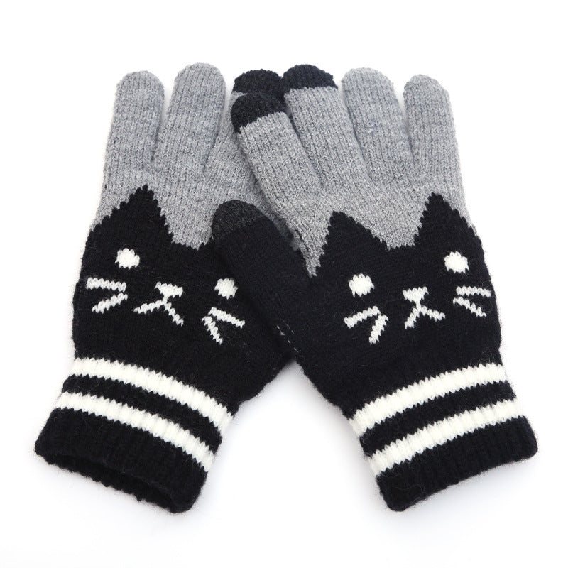 Knitted Cat Face Winter Gloves - Black