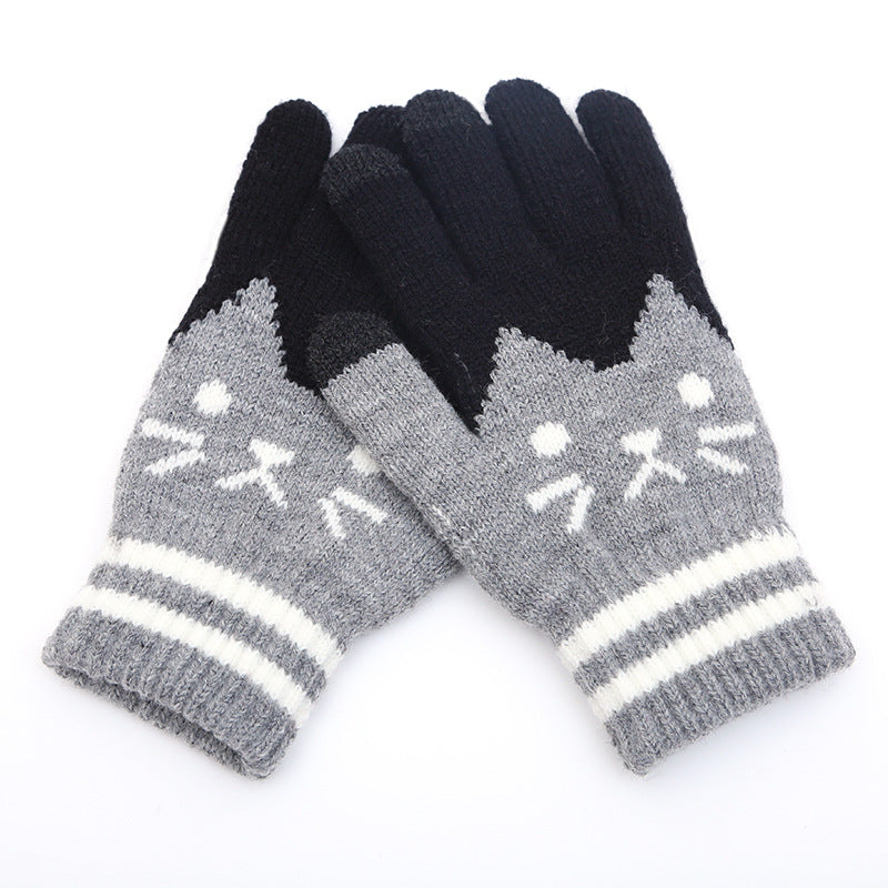 Knitted Cat Face Winter Gloves - Grey
