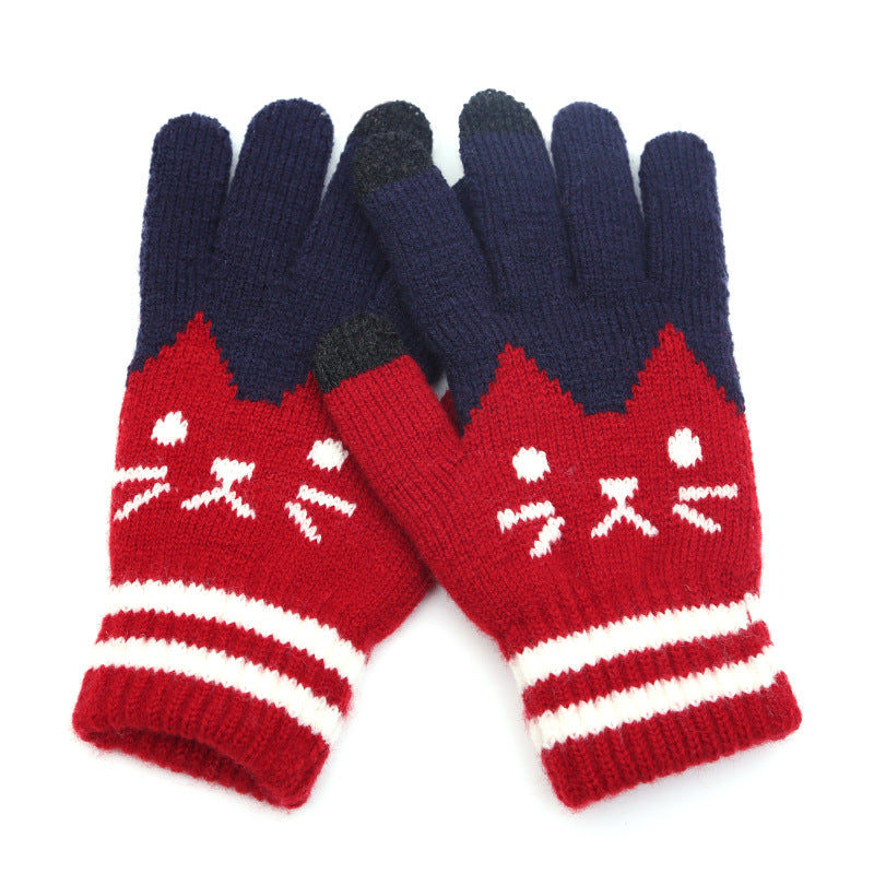 Knitted Cat Face Winter Gloves - Red