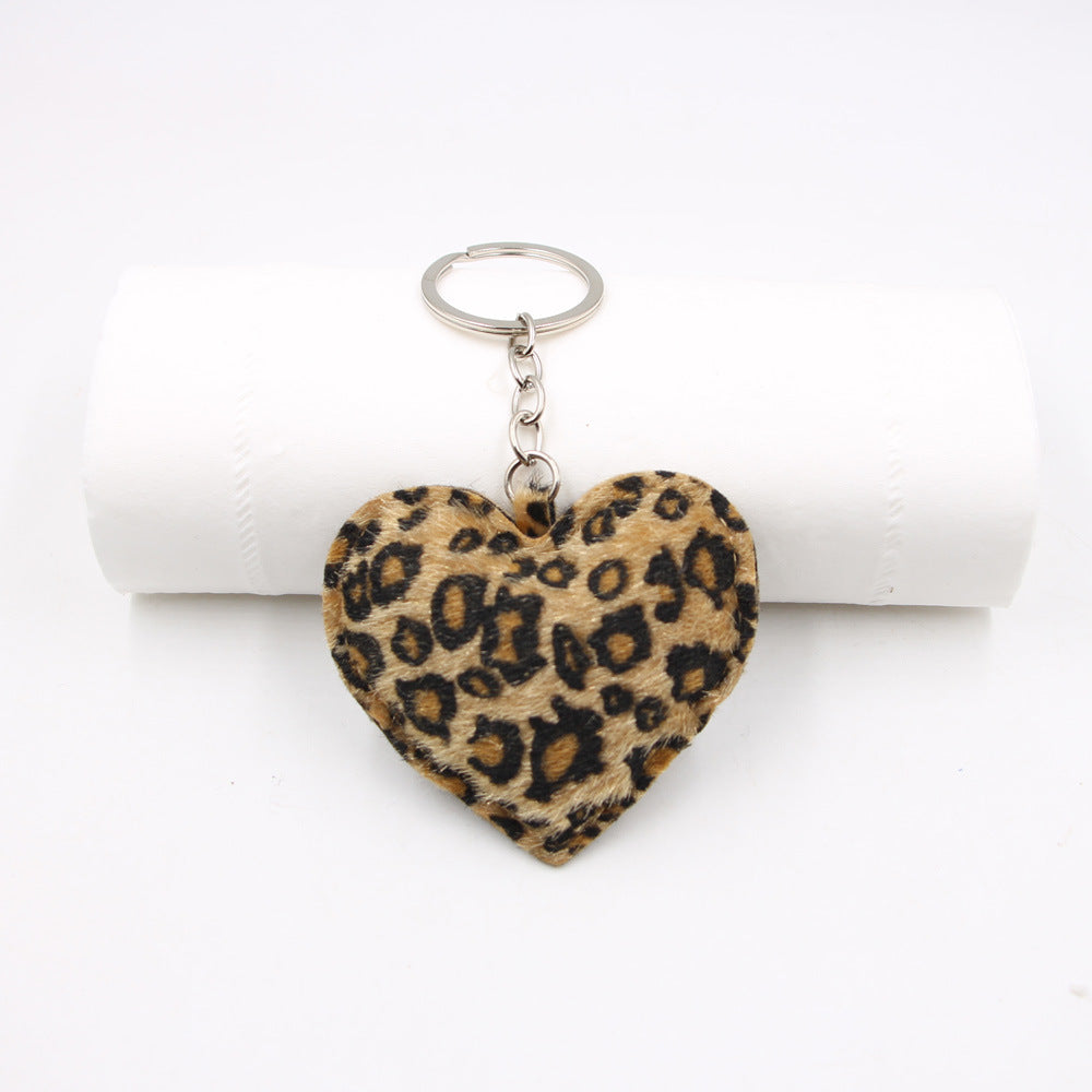 Plush Leopard Heart Keyring Charm - Coffee