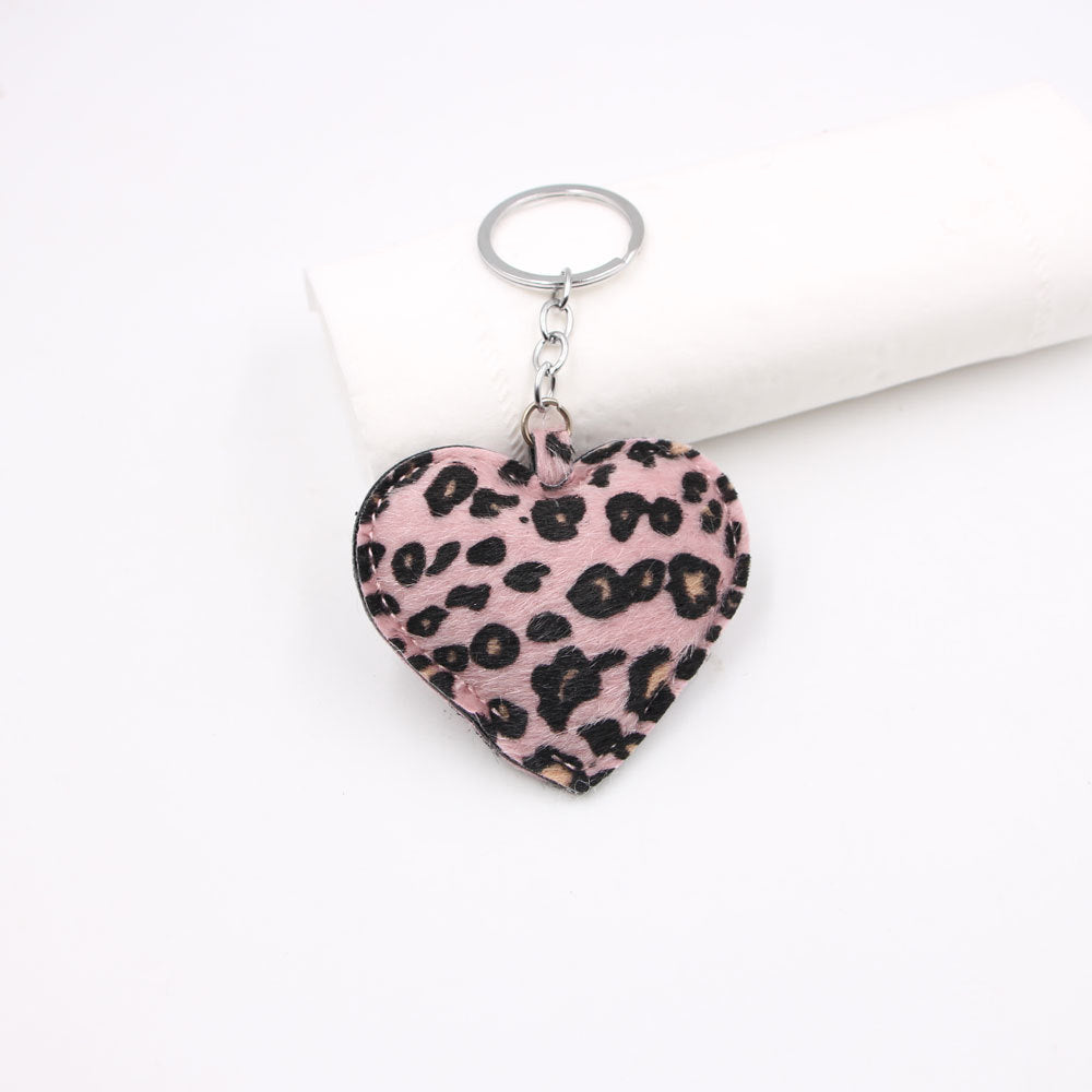 Plush Leopard Heart Keyring Charm - Pink