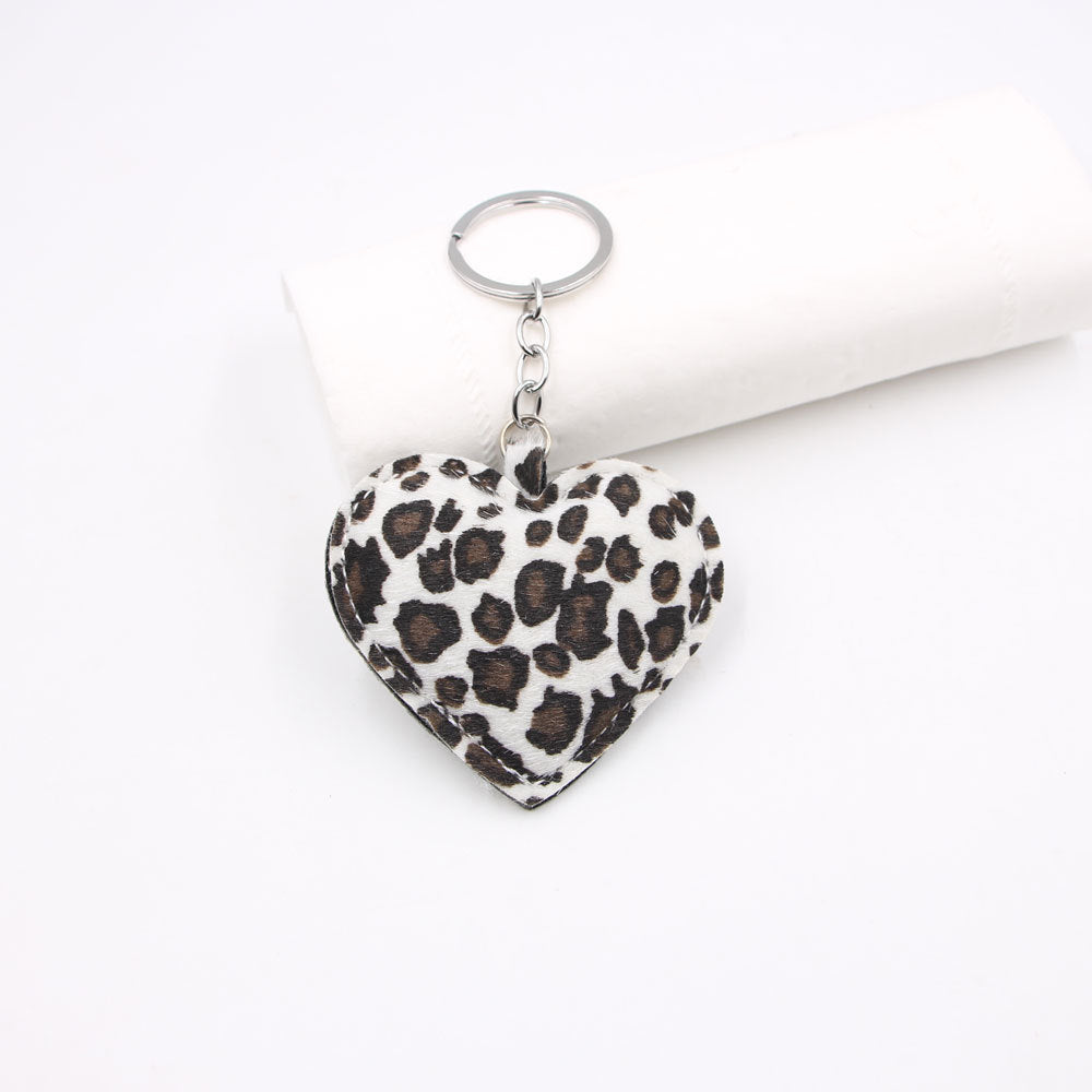 Plush Leopard Heart Keyring Charm - White