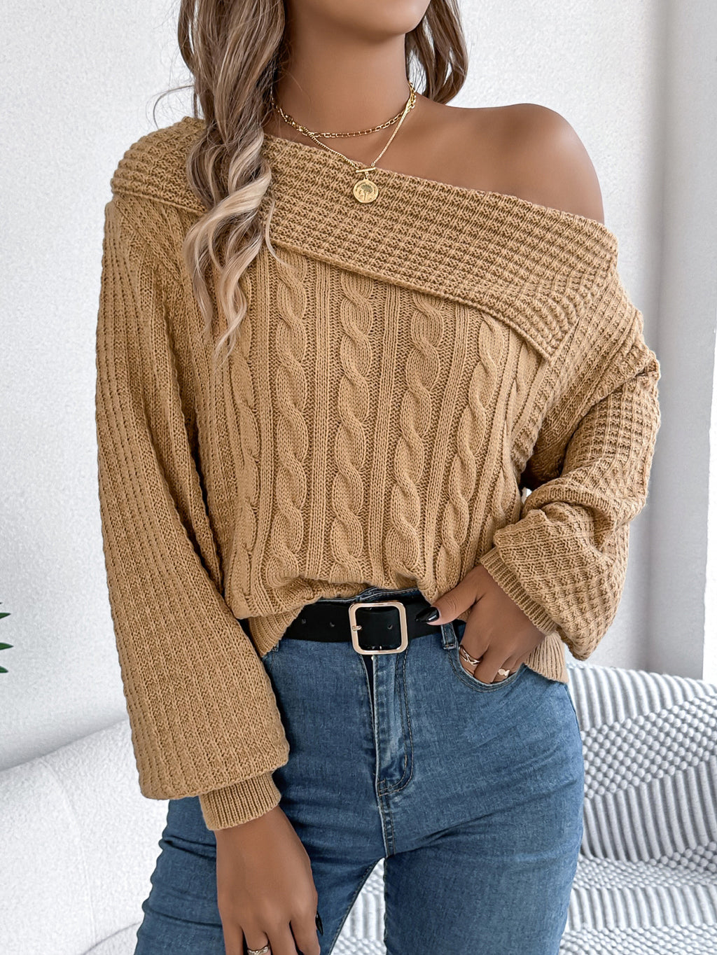 Off Shoulder Cable Knit Asymmetric Sweater - Khaki