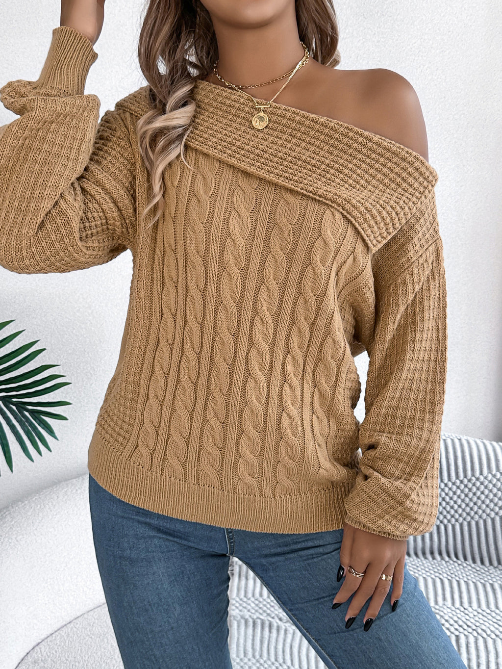 Off Shoulder Cable Knit Asymmetric Sweater - Khaki - 1