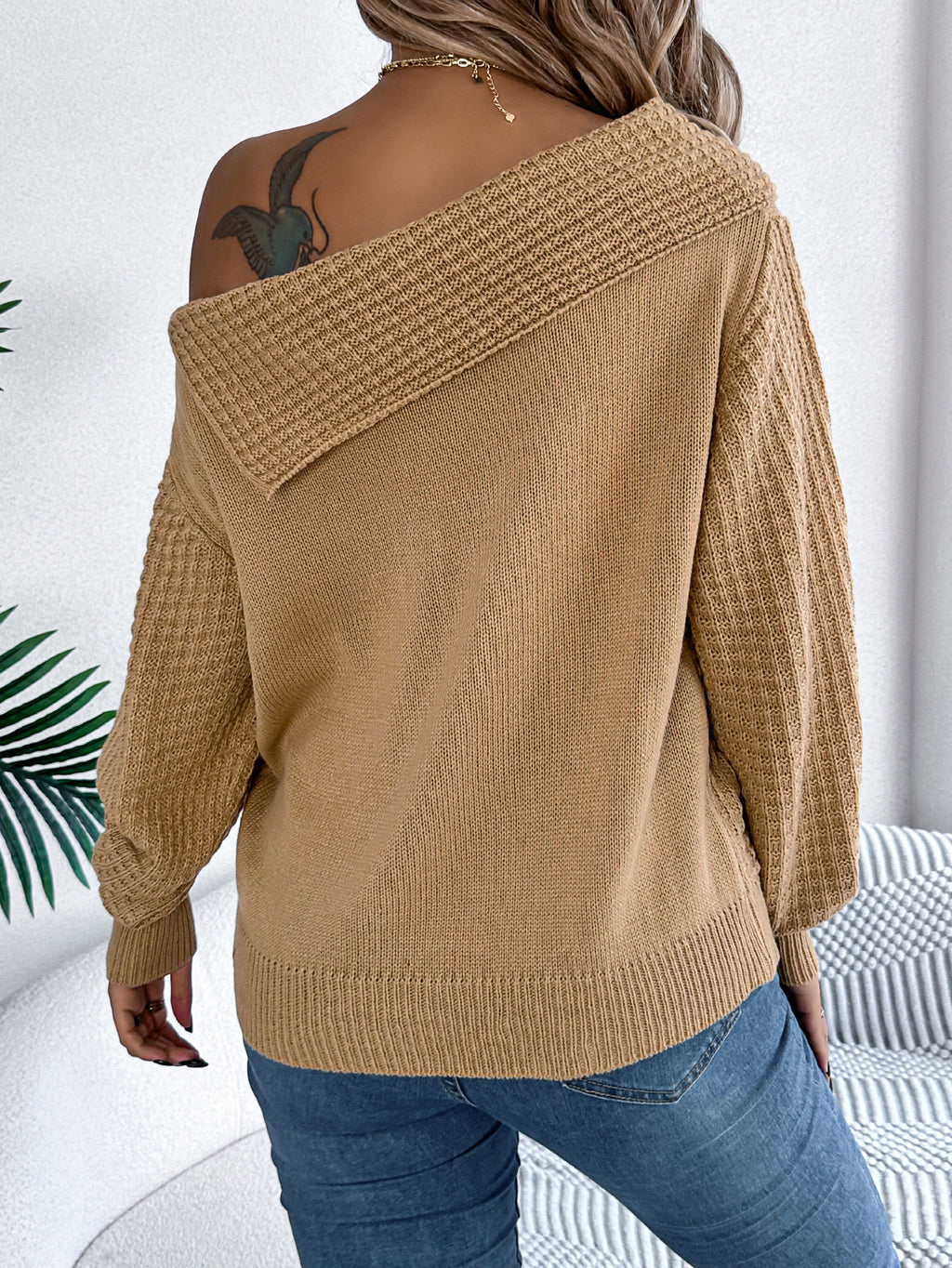 Off Shoulder Cable Knit Asymmetric Sweater - Khaki - 2