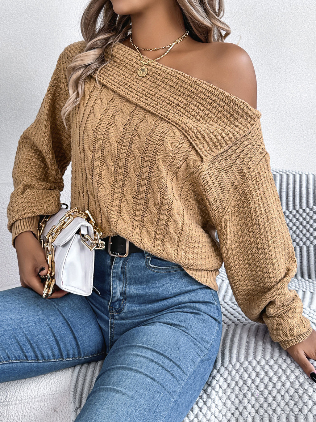 Off Shoulder Cable Knit Asymmetric Sweater - Khaki - 3