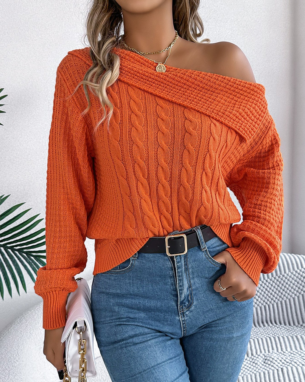 Off Shoulder Cable Knit Asymmetric Sweater - Orange